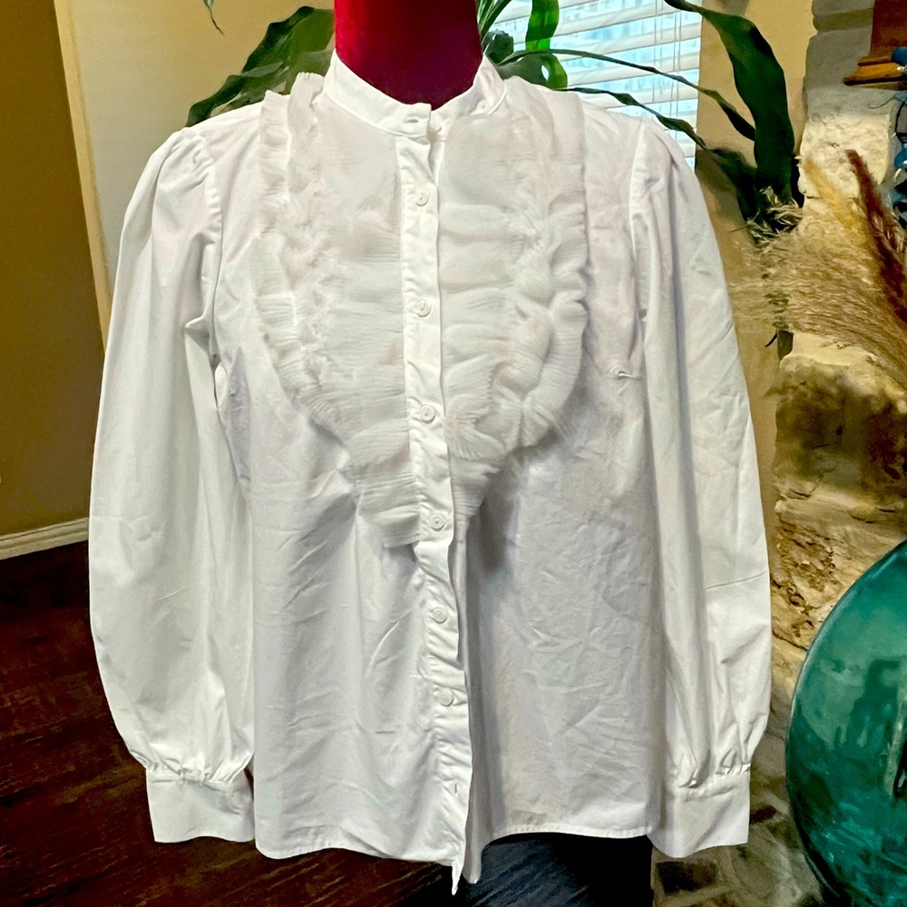 Maeve by Anthropologie White Tulle Ruffle Button down blouse